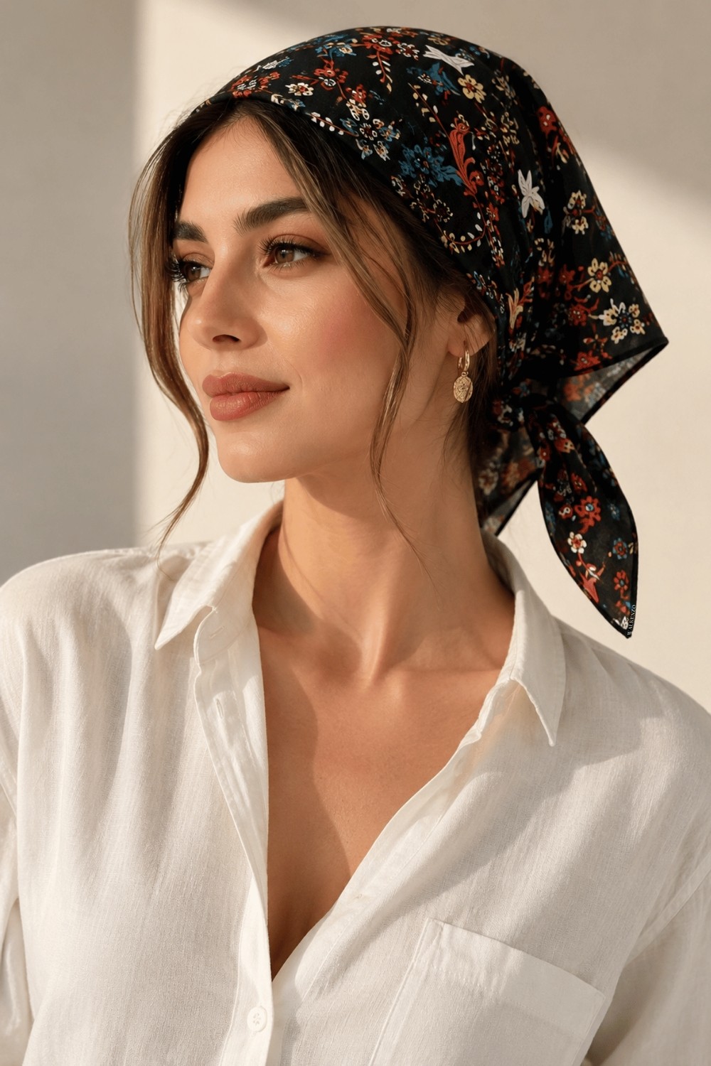 Walkenzo Lara Çiçek Desenli %100 Pamuklu Çok Amaçlı Bandana Fular