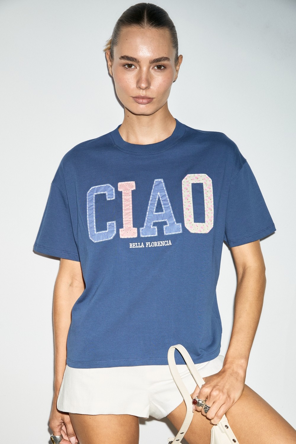 Grimelange Cascaıs Kadın %100 Organik Pamuklu Patch Detaylı Regular Fit Lacivert T-Shirt
