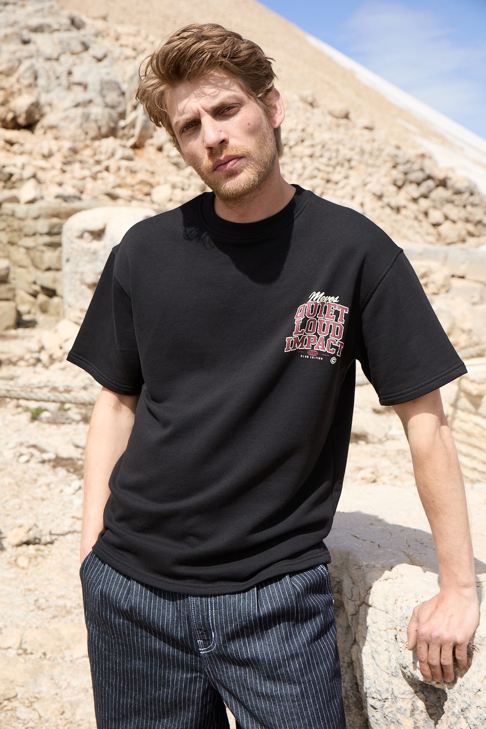 Grimelange DUKI Erkek Oversize Lacivert T-Shirt Pamuklu Bisiklet Yaka Kısa Kol Günlük Stil