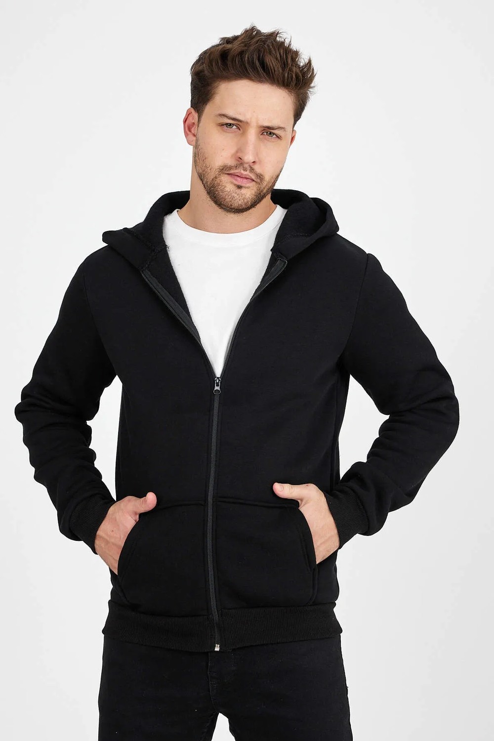 Clipman Erkek Slim Fit Örgü 3 Iplik Fermuarlı Polar Hırka Siyah görsel 8