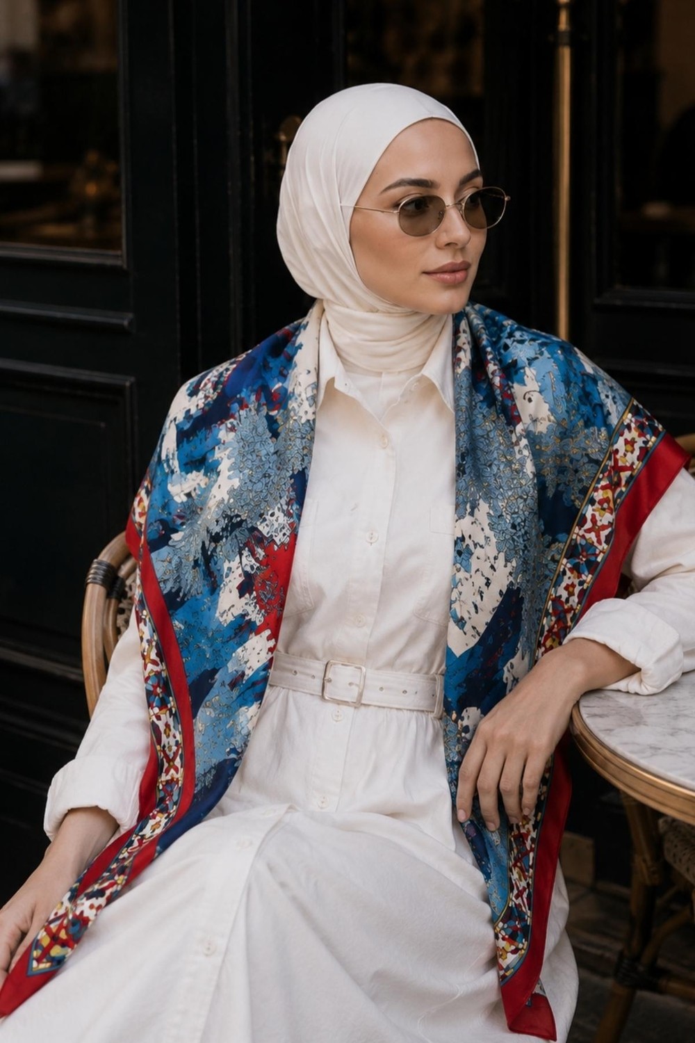 Afvente Şato Bahçe Desen Kırmızı-Mavi Soft Fular Eşarp 90X90 cm görsel 8