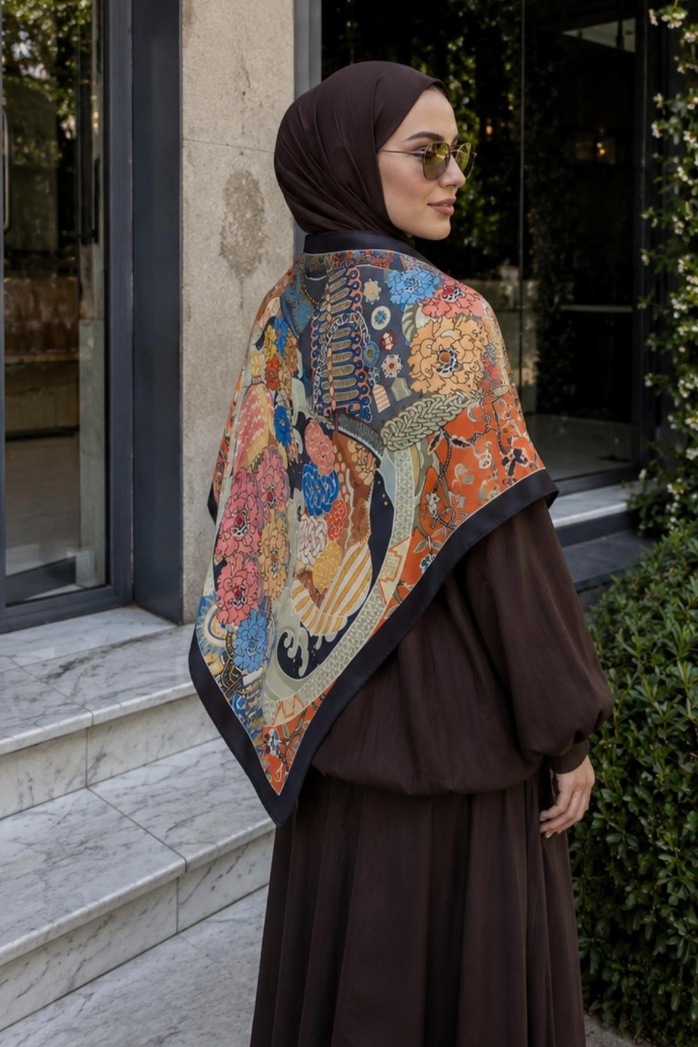 Afvente Şato Bahçe Desen Kırmızı-Mavi Soft Fular Eşarp 90X90 cm