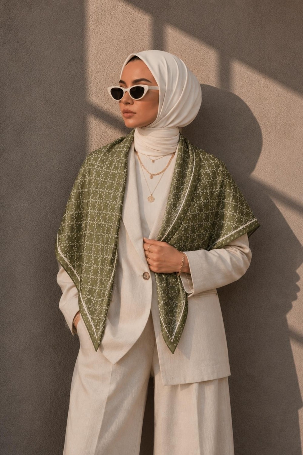 Afvente Soyut Bahçe Desen Pudra-Mint Soft Fular Eşarp 90X90 cm görsel 6