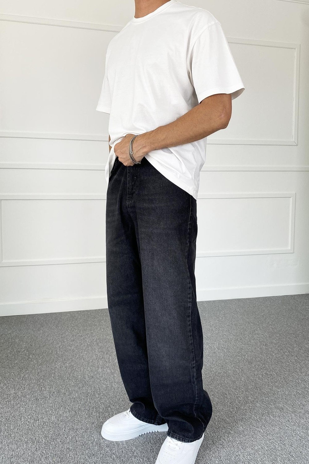 Alışveriş Sokağı Siyah Taşlanmış Baggy Kot Pantolon | STK1975-Jean