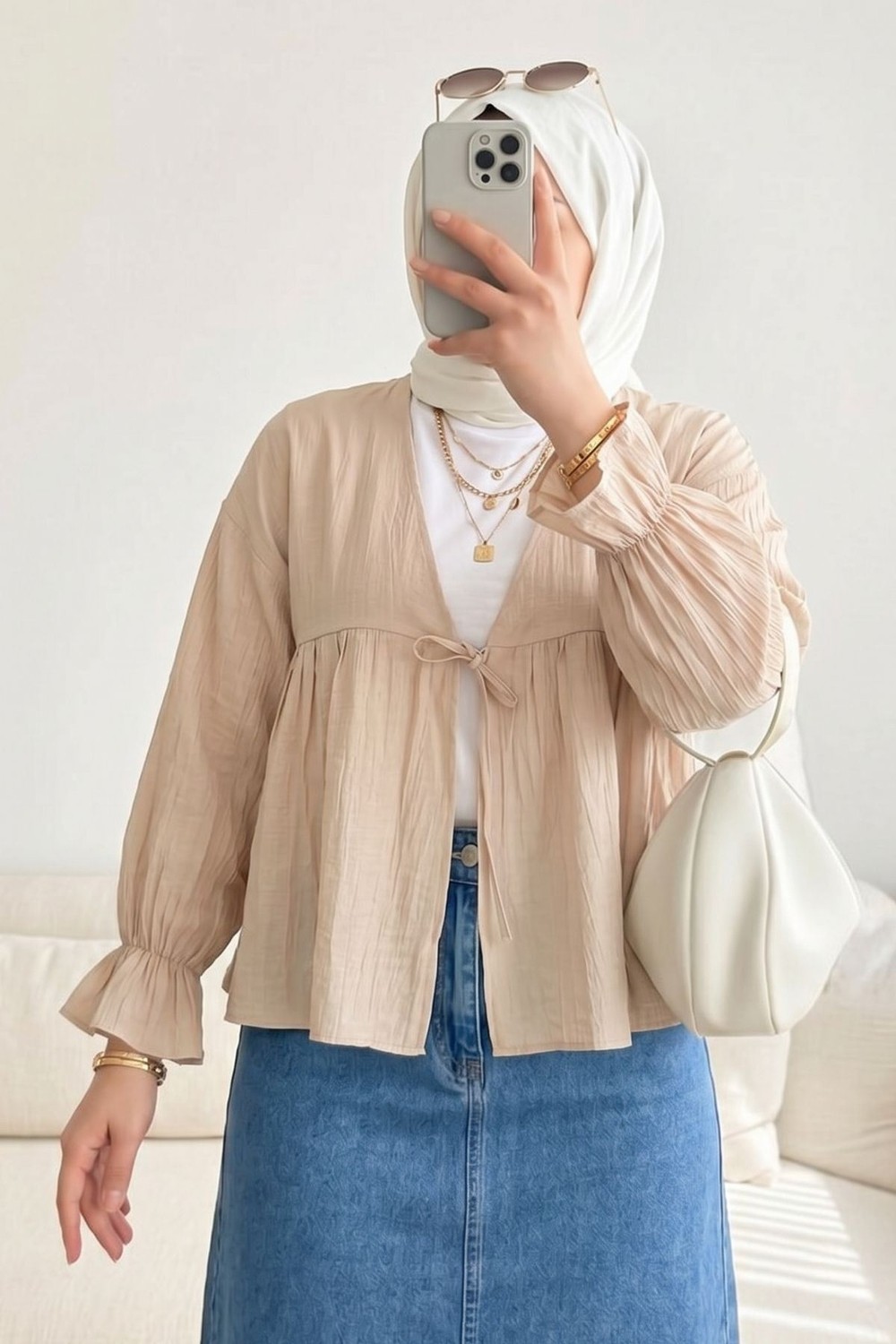 Modestim Kadın Roba Büzgülü Kol Lastik Ince Çilek Kumaş Yazlık Trend Tesettür Bej Kimono Hırka Tunik