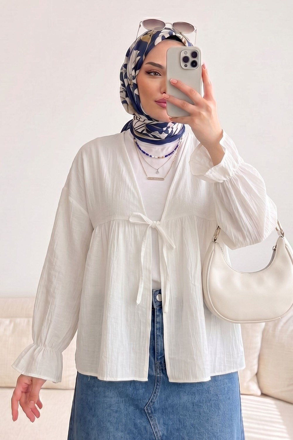 Modestim Kadın Roba Büzgülü Kol Lastik Ince Çilek Kumaş Yazlık Trend Tesettür Bej Kimono Hırka Tunik görsel 4