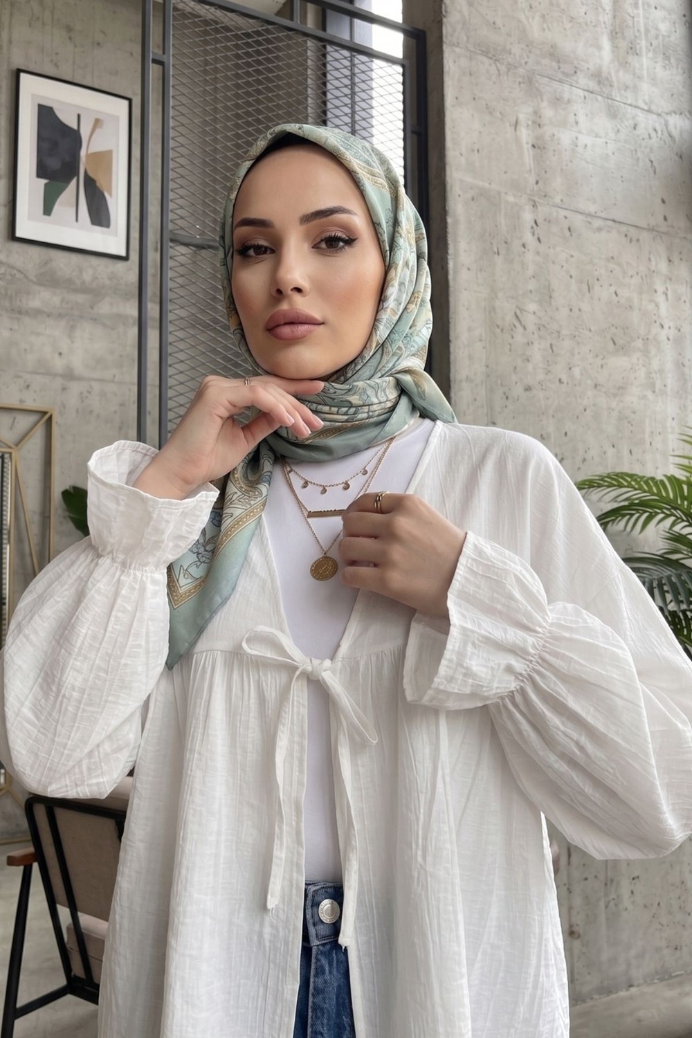 Modestim Kadın Roba Büzgülü Kol Lastik Ince Çilek Kumaş Yazlık Trend Tesettür Bej Kimono Hırka Tunik görsel 5