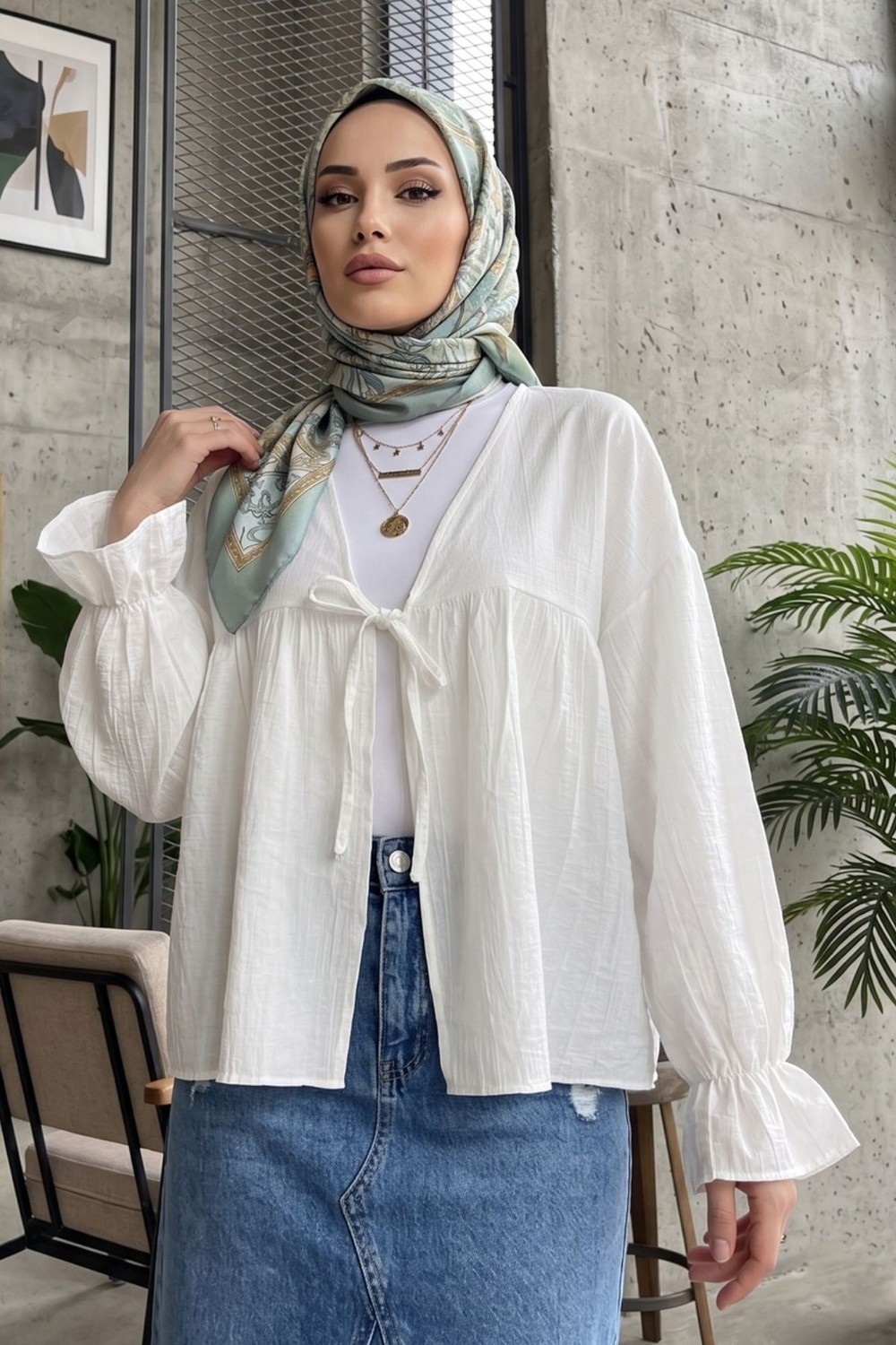 Modestim Kadın Roba Büzgülü Kol Lastik Ince Çilek Kumaş Yazlık Trend Tesettür Bej Kimono Hırka Tunik görsel 6