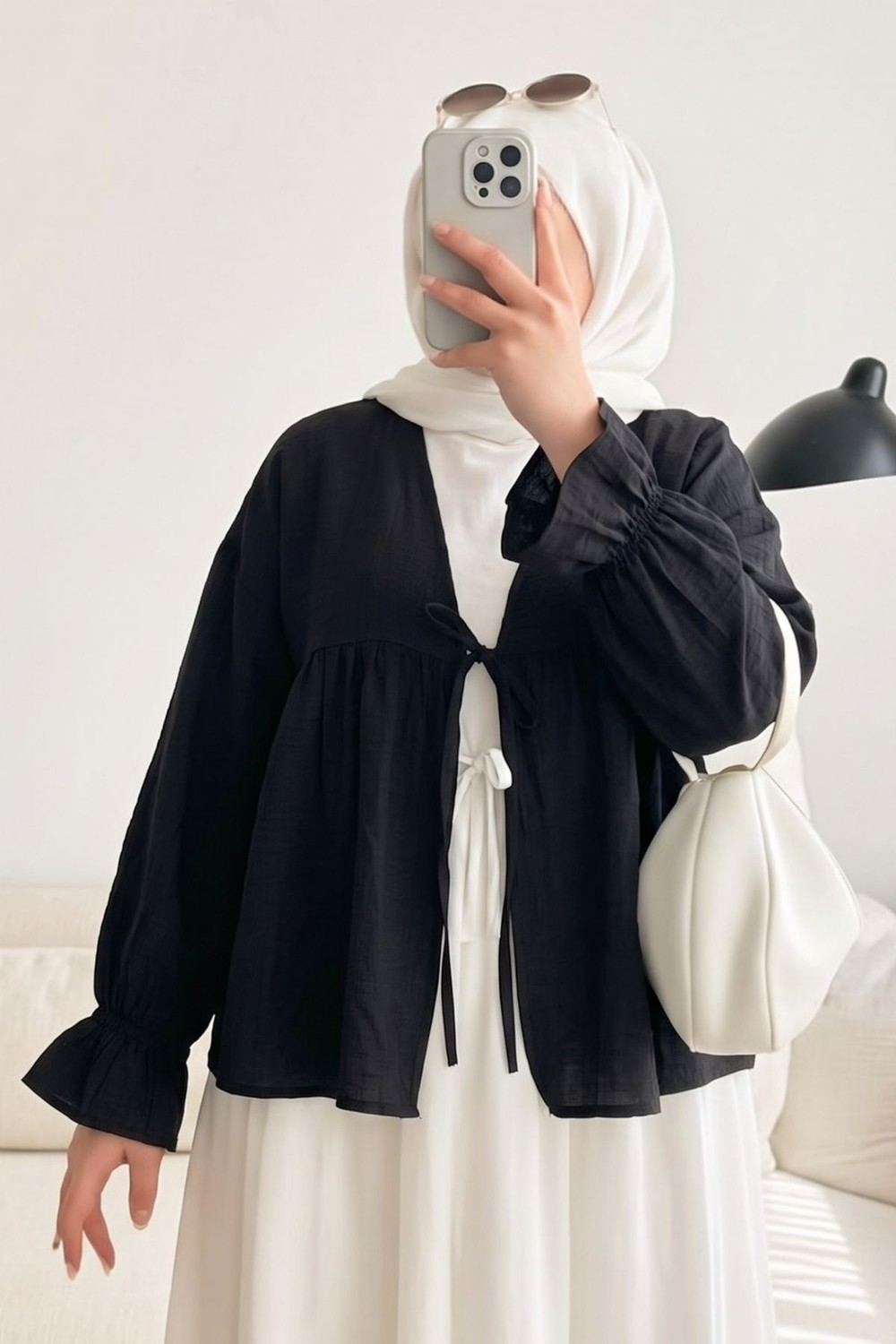 Modestim Kadın Roba Büzgülü Kol Lastik Ince Çilek Kumaş Yazlık Trend Tesettür Bej Kimono Hırka Tunik görsel 7