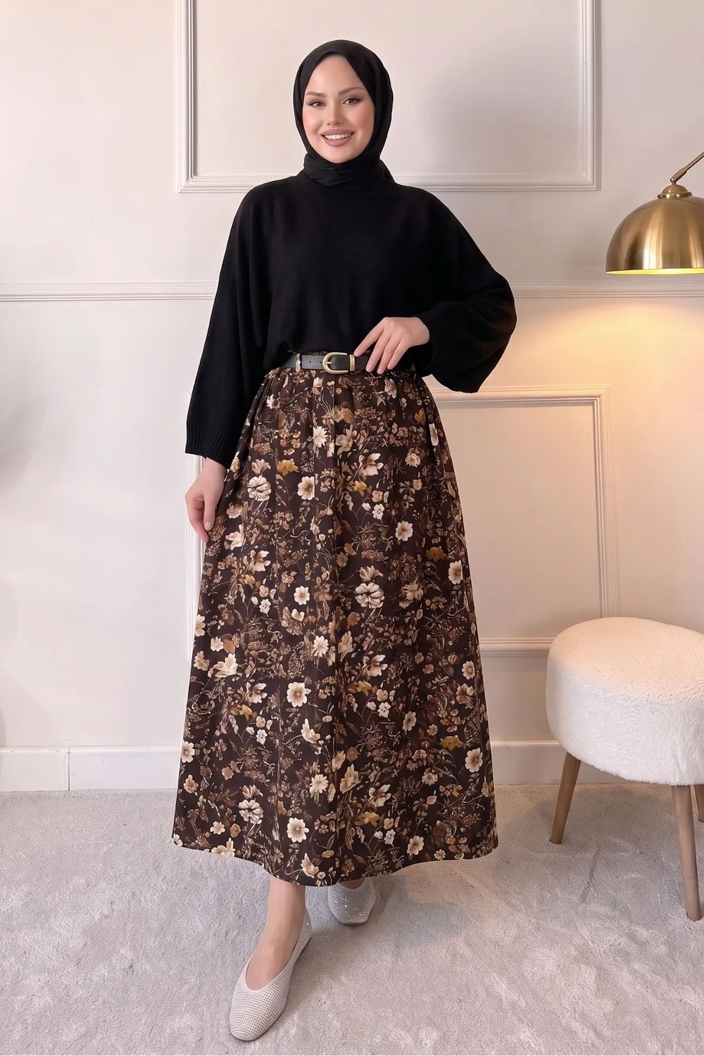 Modestim Trend Tesettür Kahve Çiçek Desenli Uzun Etek Kemerli Yüksek Bel Kloş Şık ve Günlük Tesettür Etek