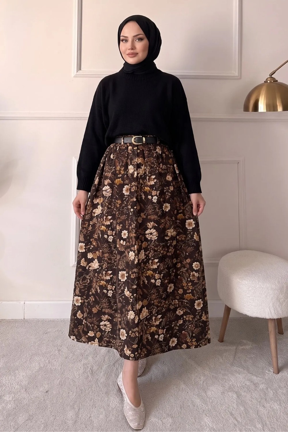 Modestim Trend Tesettür Kahve Çiçek Desenli Uzun Etek Kemerli Yüksek Bel Kloş Şık ve Günlük Tesettür Etek görsel 2