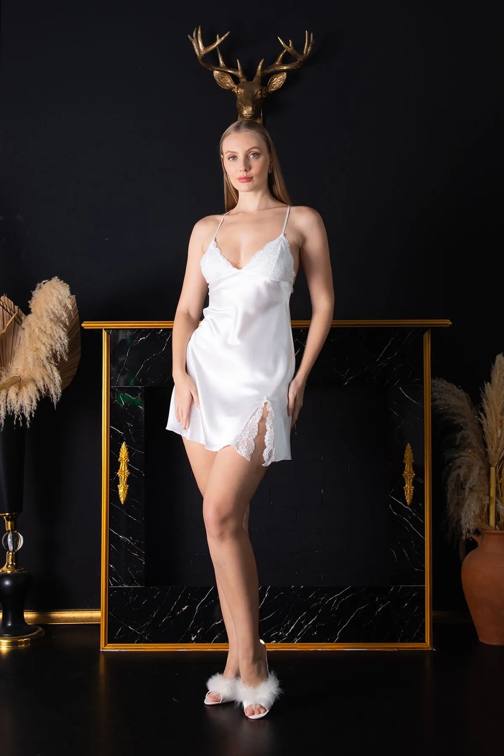 Lunoche Nightwear Kadın Güpür Dantel ve Sırt Detaylı Saten Çeyizlik Ikili Gecelik Sabahlık Takımı görsel 7
