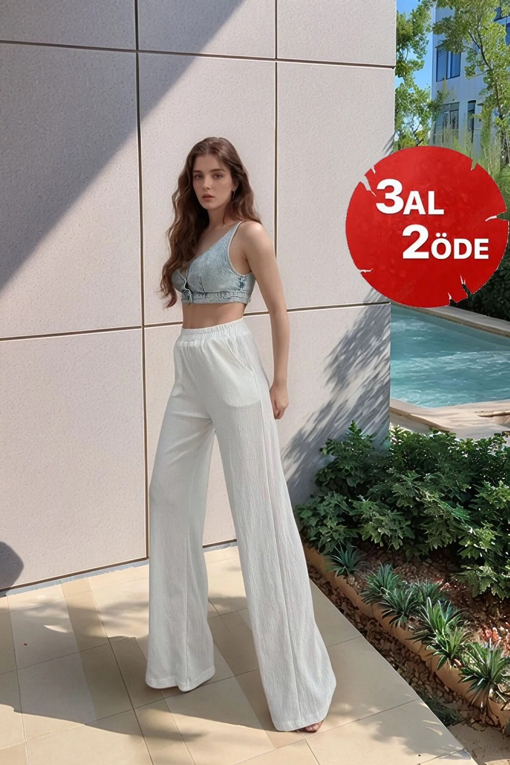 Lesa Wear Yumuşacık Yüksel Bel Geniş Paça Likralı Jarse Pantolon Flared görsel 7