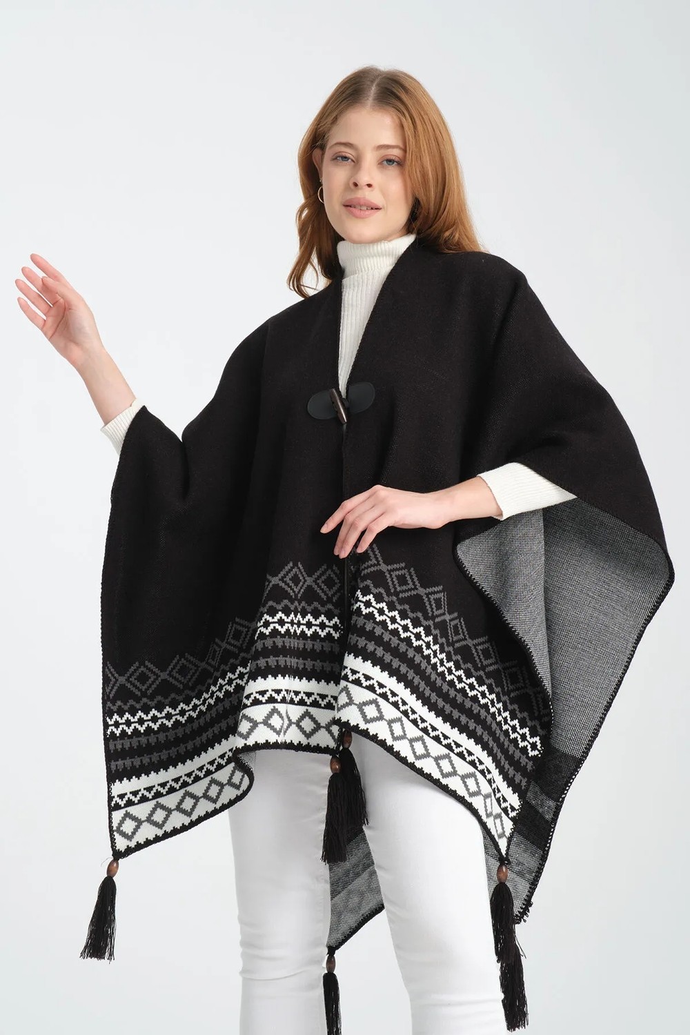 Wega Moda Vega Moda Etnik Desenli Panço, Balıkçı Dikişli Düğme Detaylı Panço, Dış Giyim Panço, Triko Örğü Şık Panço