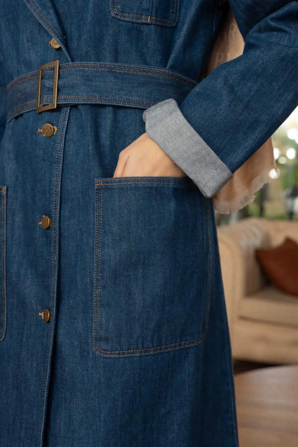 Neways Denim Ceket Koyu Mavi Kadın Kuşaklı Denim Malzeme ile Şık Tasarım görsel 7