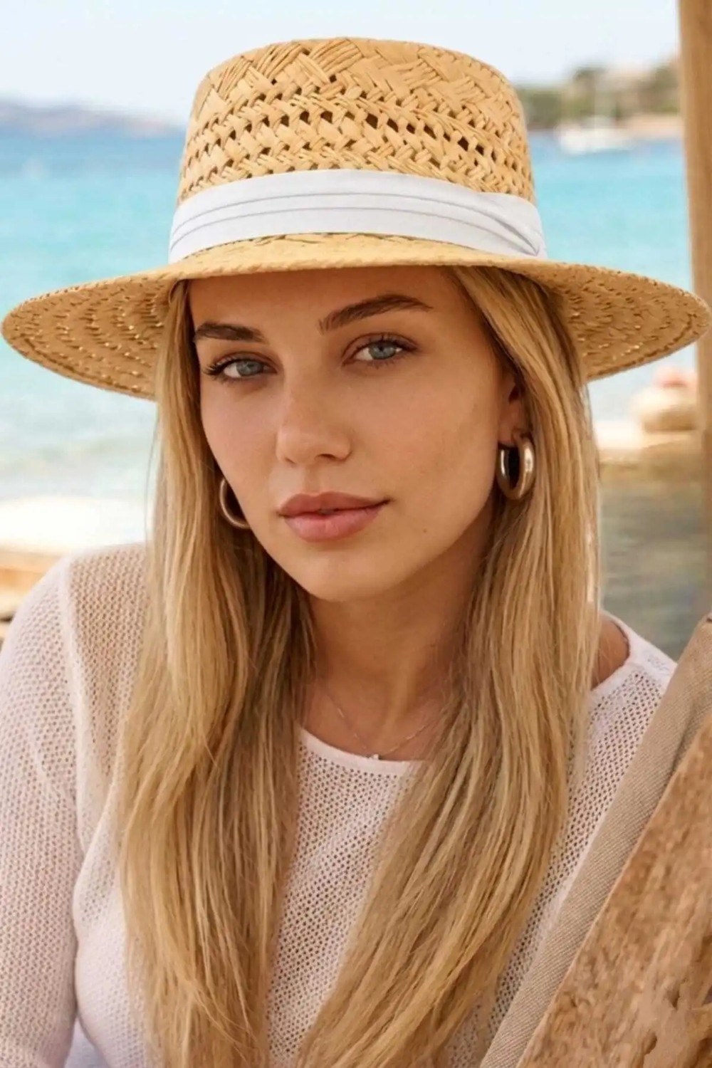 Uniquetrenders Kadın Hasır Şapka Riviera Stil Delikli Örgü Yazlık Plaj Şapkası görsel 5