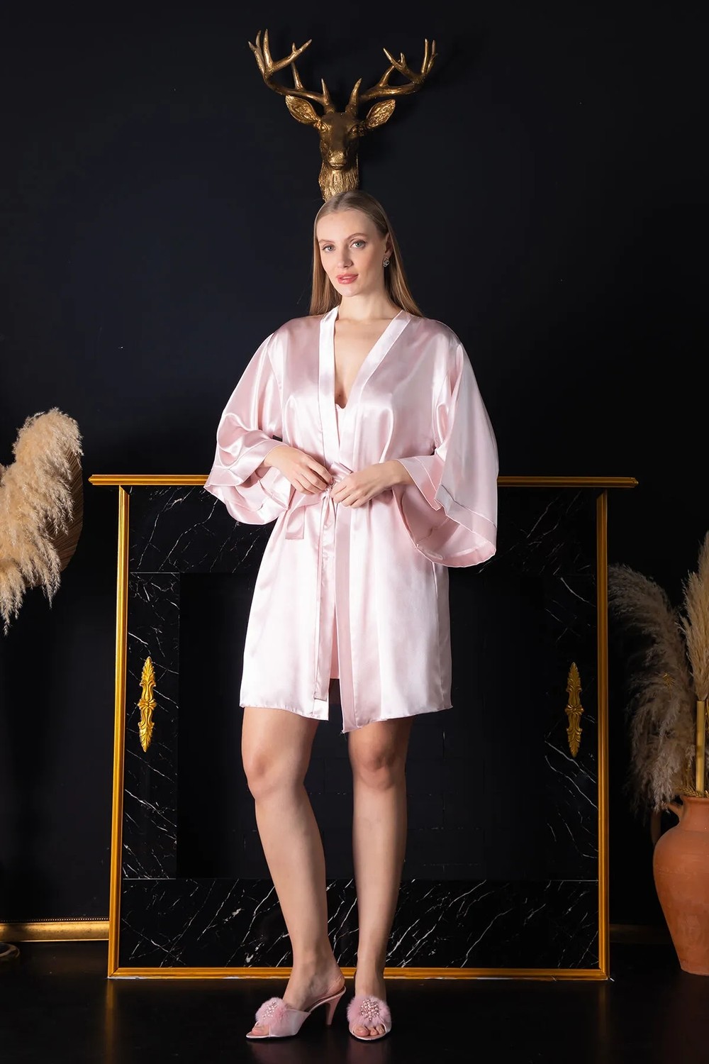 Lunoche Nightwear Kadın Güpür Dantel ve Sırt Detaylı Uzun Saten Çeyizlik Ikili Gecelik Sabahlık Takımı görsel 7