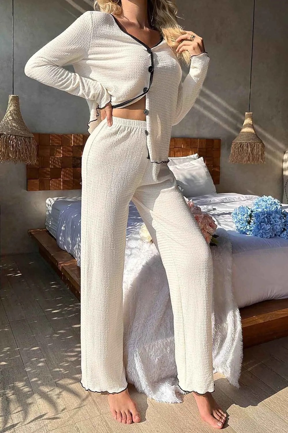 Merry See Özel Örme Kumaş Düğmeli Uzun Kollu Pijama Takımı görsel 6