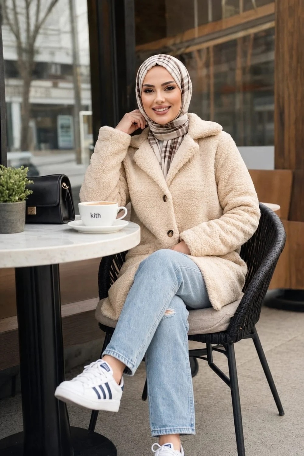 Harma Time Butik Kadın Astarlı Düğmeli Kruvaze Bej Peluş Kaban görsel 3