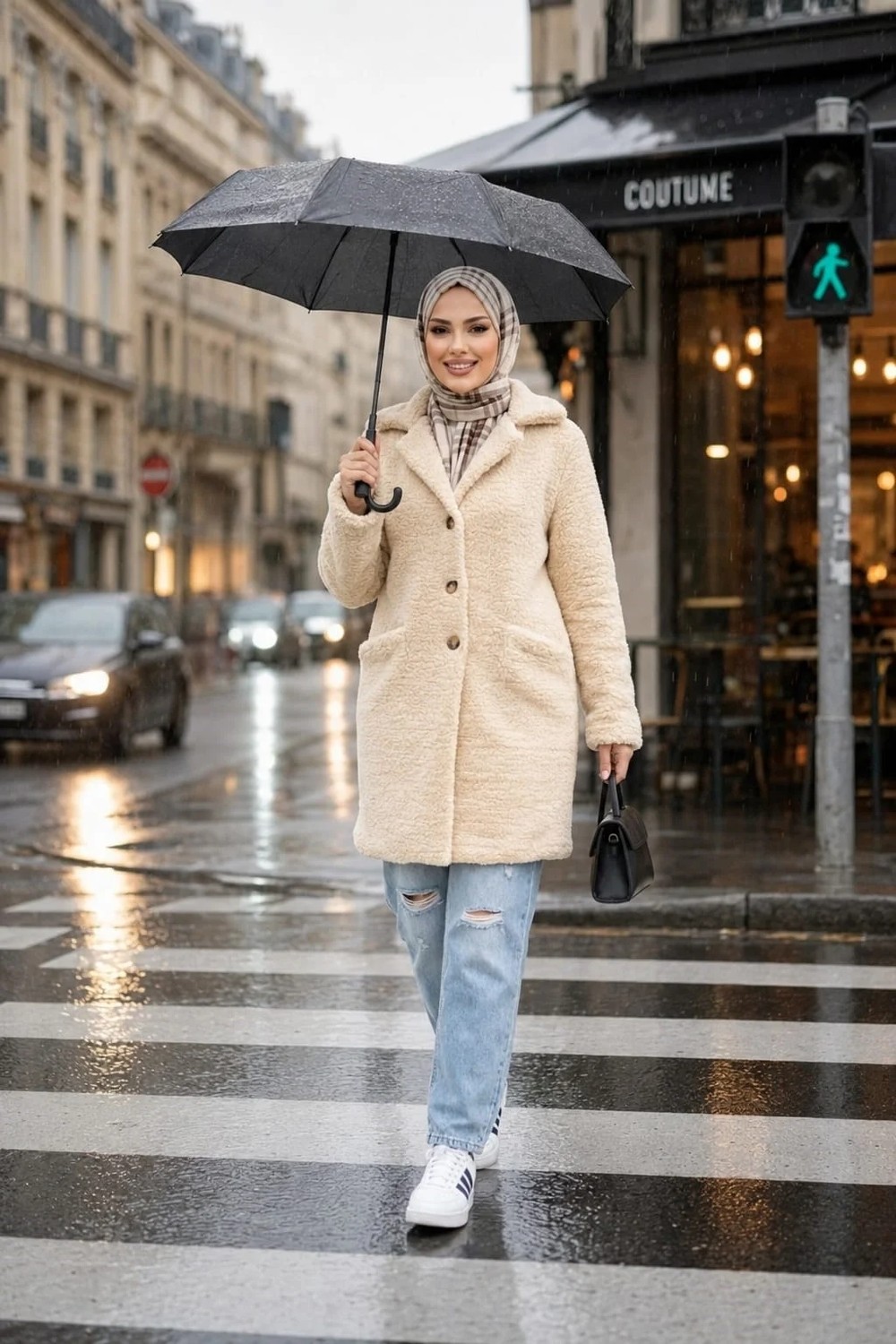 Harma Time Butik Kadın Astarlı Düğmeli Kruvaze Bej Peluş Kaban görsel 5