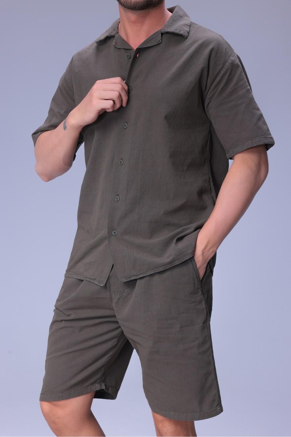 Blayn Jeans Erkek Rahat Kalıp Cepli Keten Gömlek ve Beli Lastikli Şort Yazlık Oversize Takım görsel 6