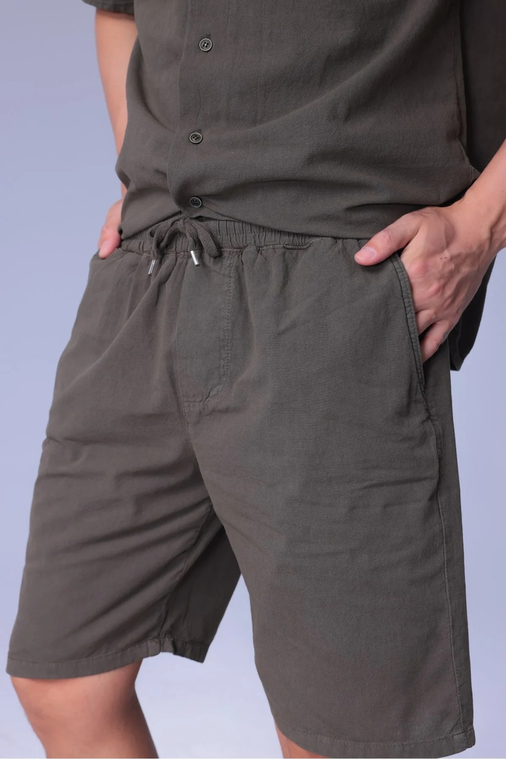 Blayn Jeans Erkek Rahat Kalıp Cepli Keten Gömlek ve Beli Lastikli Şort Yazlık Oversize Takım görsel 8