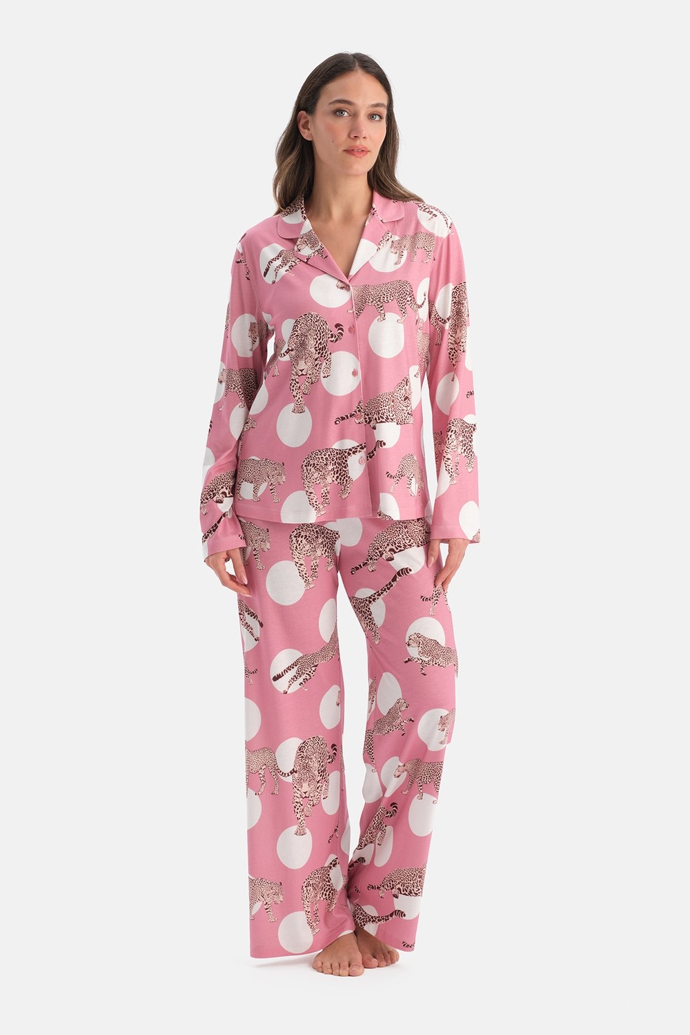 Dagi Pembe Leopar Desenli Pamuk Modal Gömlek Pijama Takımı görsel 2
