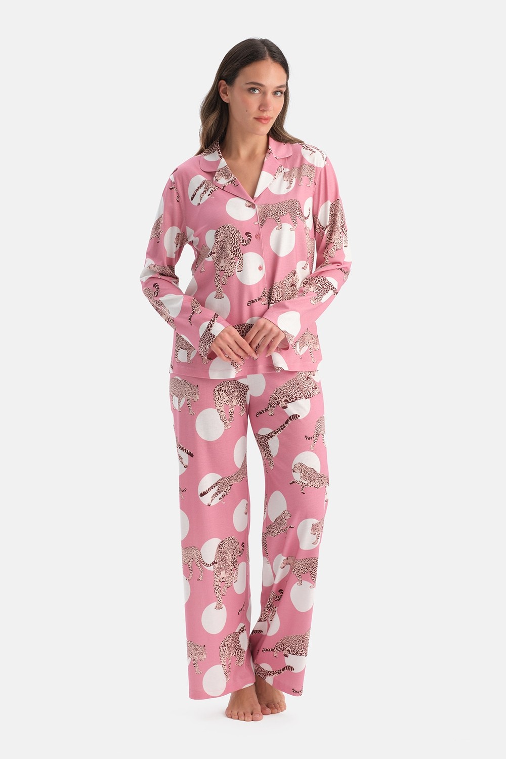 Dagi Pembe Leopar Desenli Pamuk Modal Gömlek Pijama Takımı görsel 4