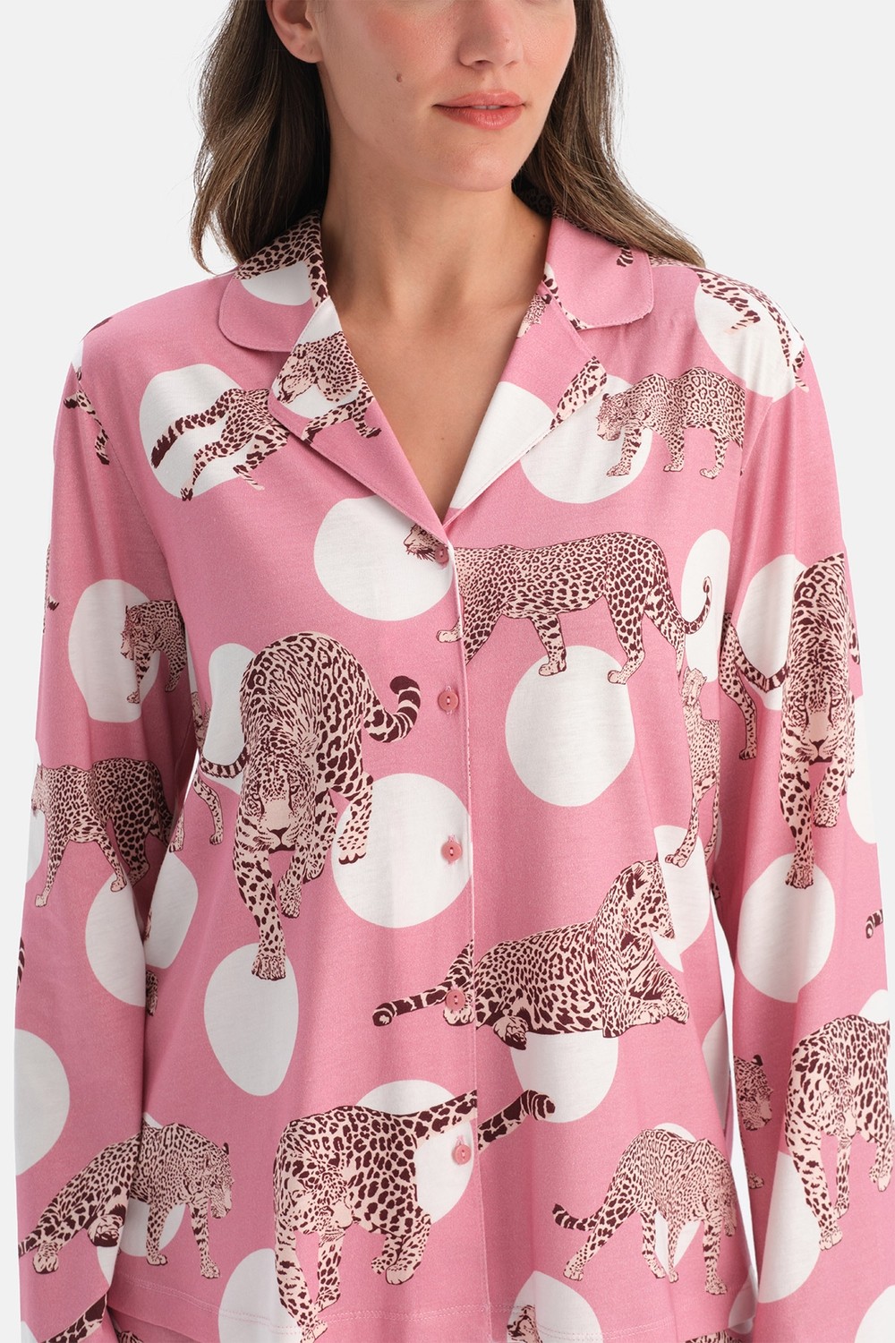 Dagi Pembe Leopar Desenli Pamuk Modal Gömlek Pijama Takımı görsel 5