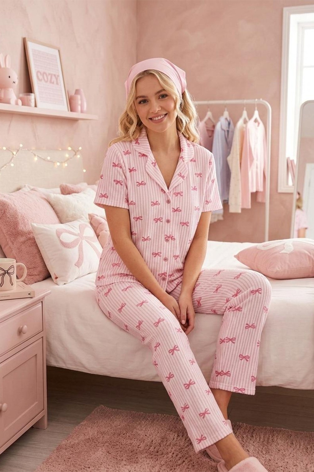 Fit Women Kadın Siyah Kalp Detaylı Bürümcük Kumaş Kısa Kollu Pijama Takımı 6066 görsel 5