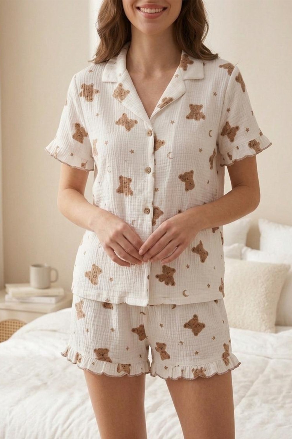 Fit Women Kadın Mavi Beyaz Çizgili Fırfır Detaylı Şortlu Pijama Takımı 8074