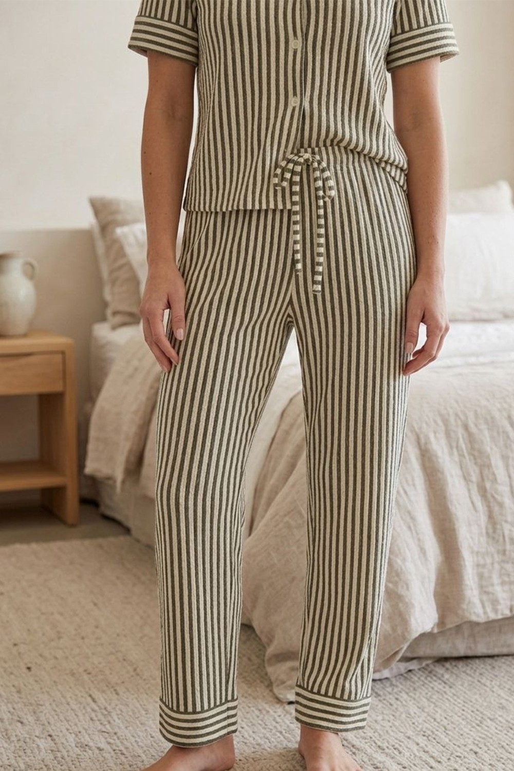 Fit Women Kadın Yeşil Çizgili Düğmeli Kısa Kollu Pijama Takımı 4583 görsel 2