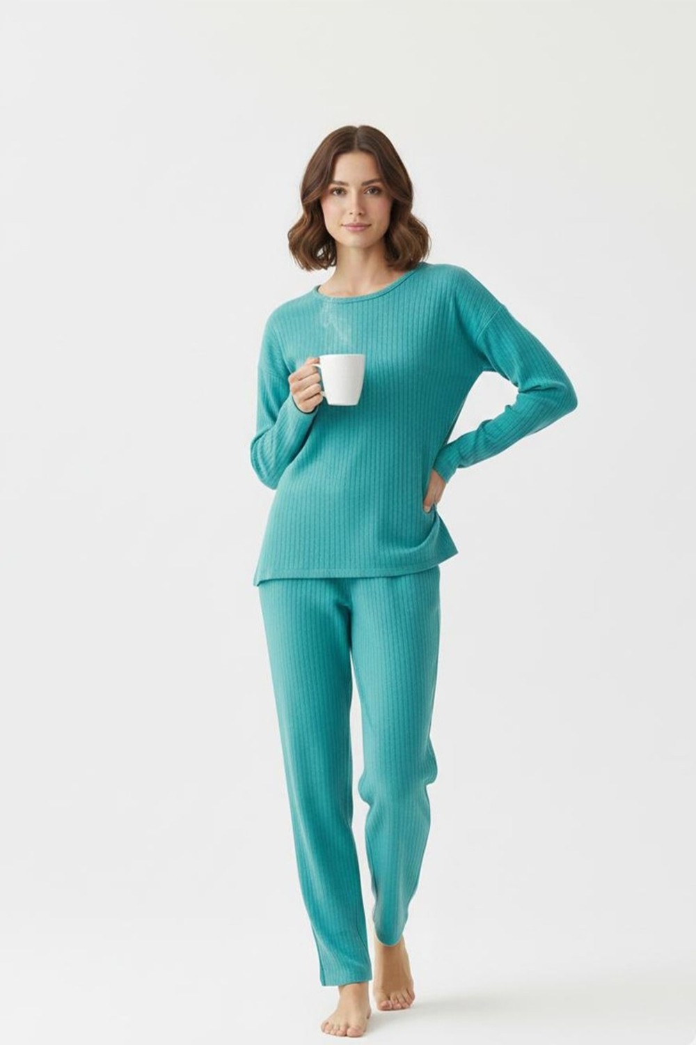 Fit Women Kadın Pamuklu Uzun Kollu Düz Pijama Takımı PJ2000 görsel 2