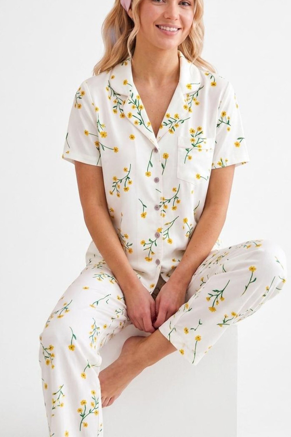 Fit Women Kadın Siyah Kalp Detaylı Bürümcük Kumaş Kısa Kollu Pijama Takımı 6066 görsel 8