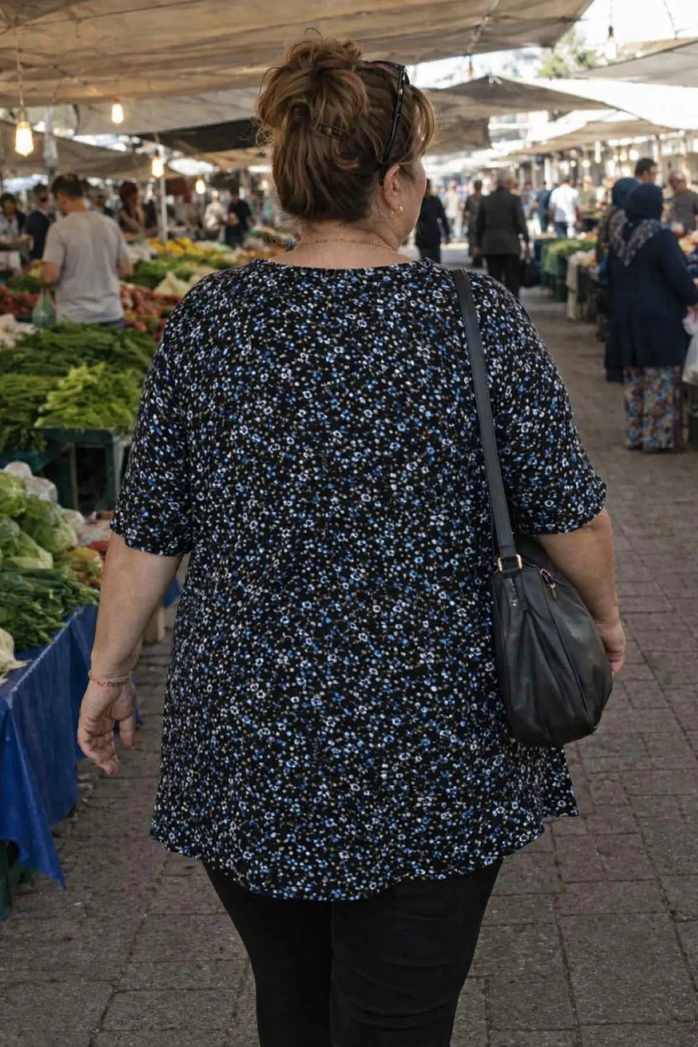 Snf Büyük Beden Penye Bluz Siyah Mavi Çiçekli Kaliteli Kullanışlı Şık Güzel görsel 3