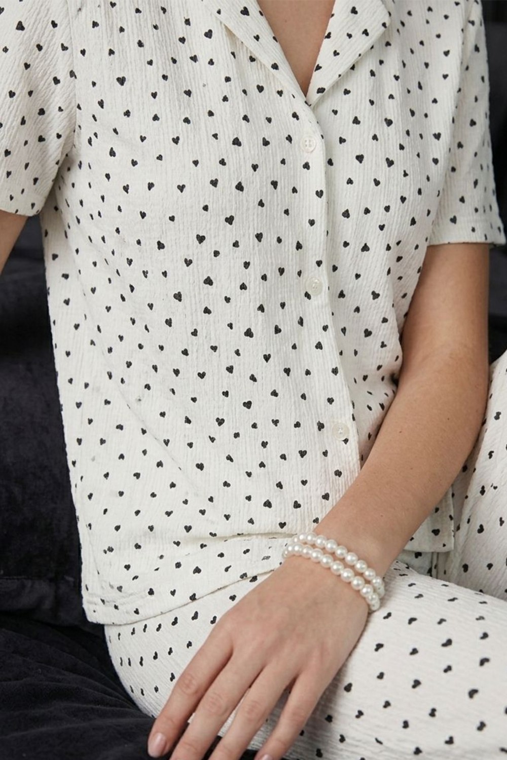 Fit Women Kadın Siyah Kalp Detaylı Bürümcük Kumaş Kısa Kollu Pijama Takımı 6066 görsel 3