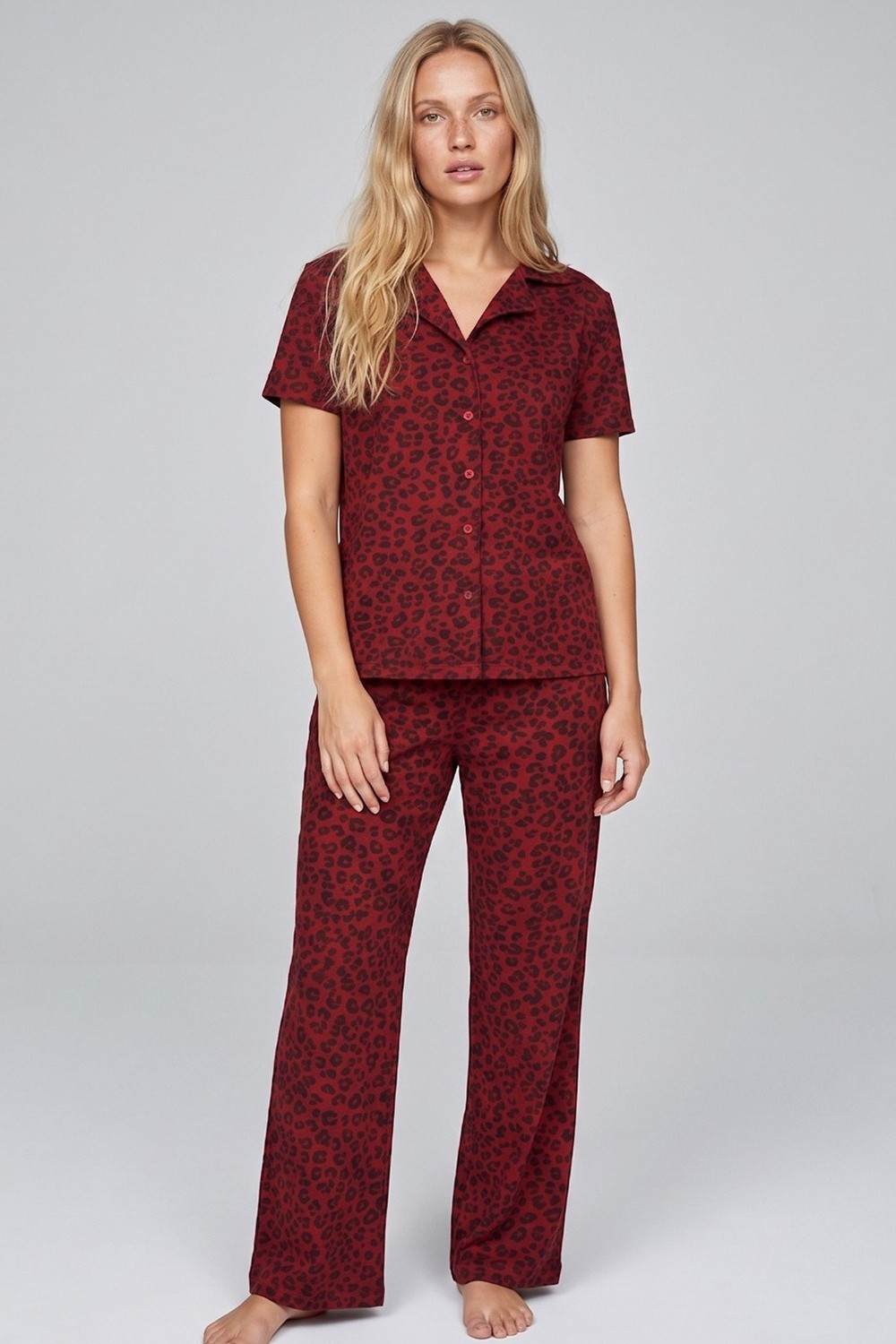 Siyah İnci Bordo Leopar Baskılı Düğmeli Örme Pijama Takım 8015 görsel 2