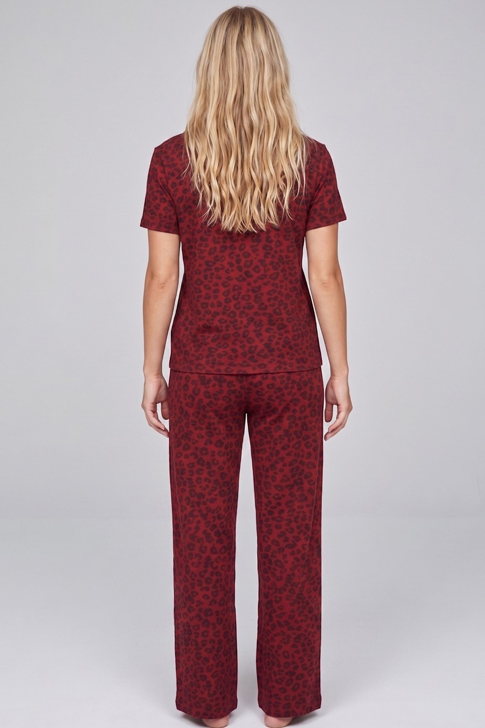 Siyah İnci Bordo Leopar Baskılı Düğmeli Örme Pijama Takım 8015 görsel 3