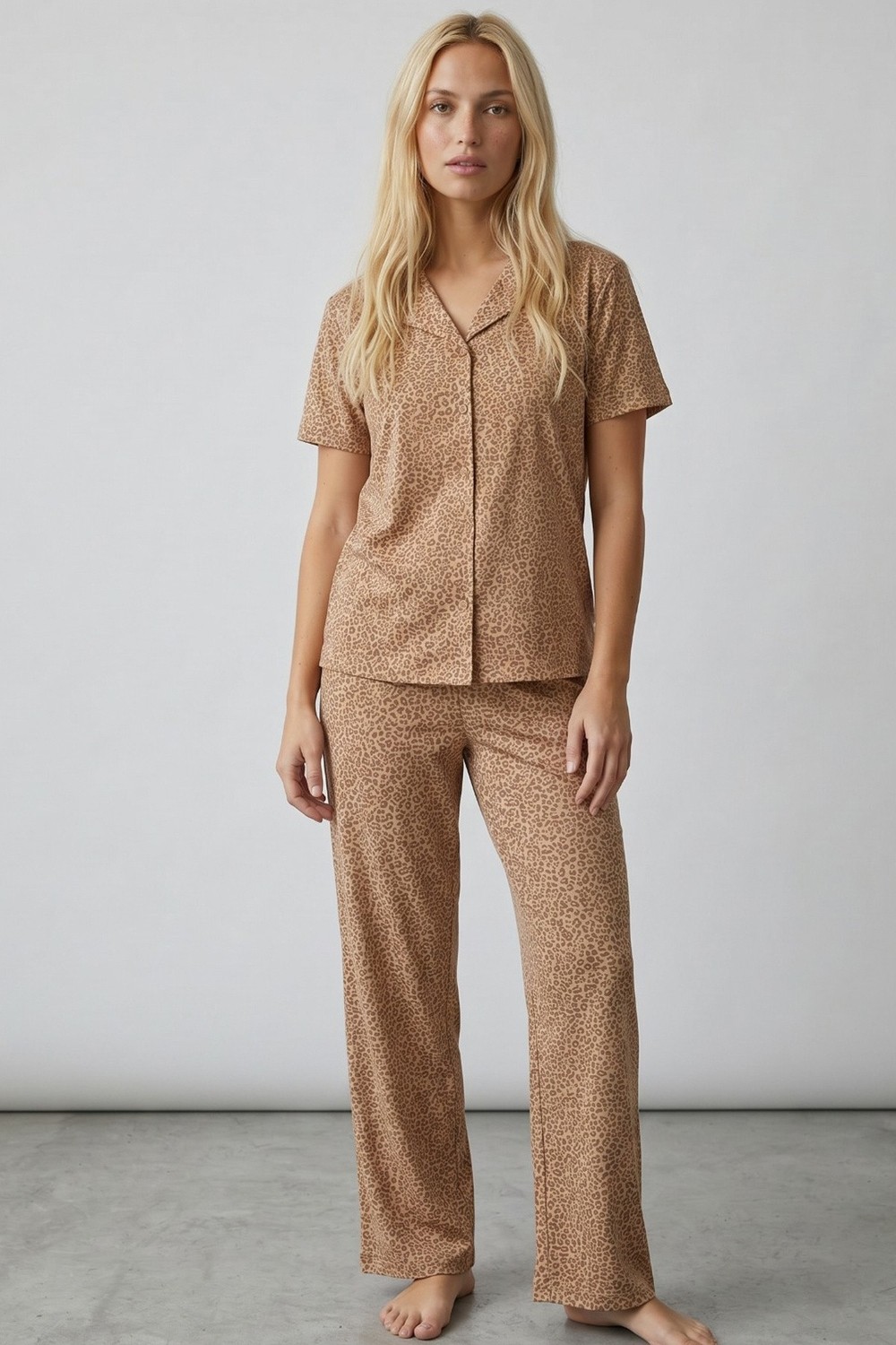 Siyah İnci Bordo Leopar Baskılı Düğmeli Örme Pijama Takım 8015 görsel 5
