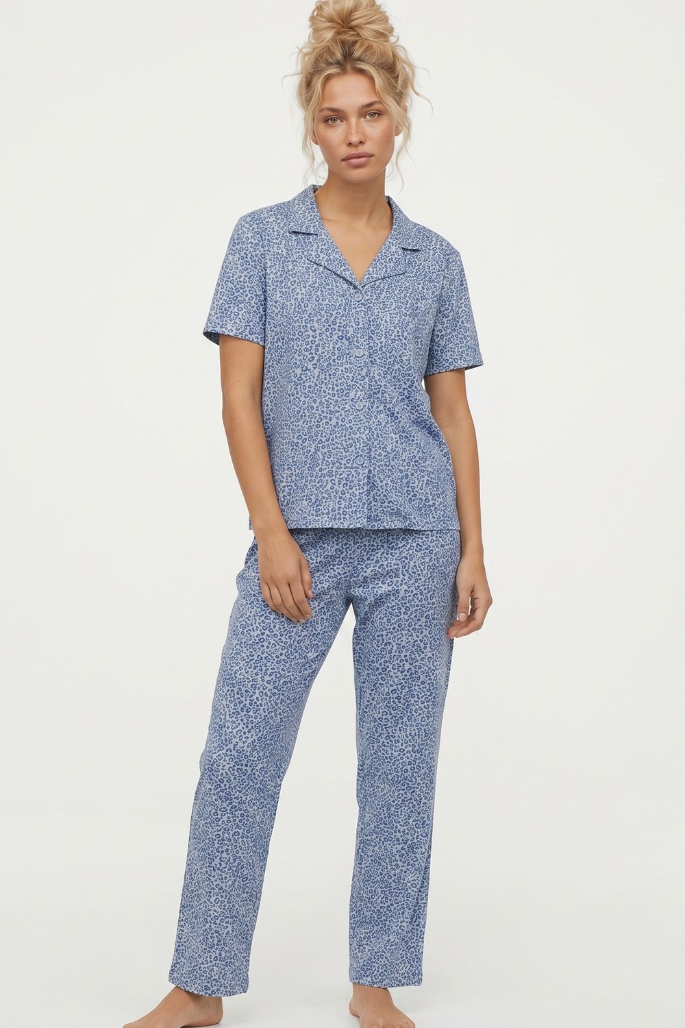 Siyah İnci Bordo Leopar Baskılı Düğmeli Örme Pijama Takım 8015 görsel 8