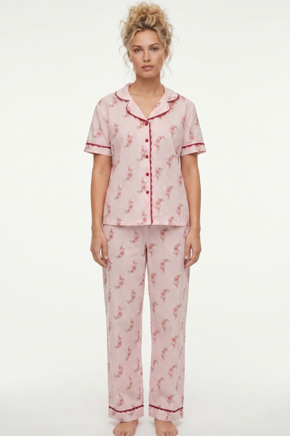 Siyah İnci Yeşil Çiçek Desenli Ince Soft Örme Düğmeli Dantel Biyeli Pijama Takımı 8061 görsel 2