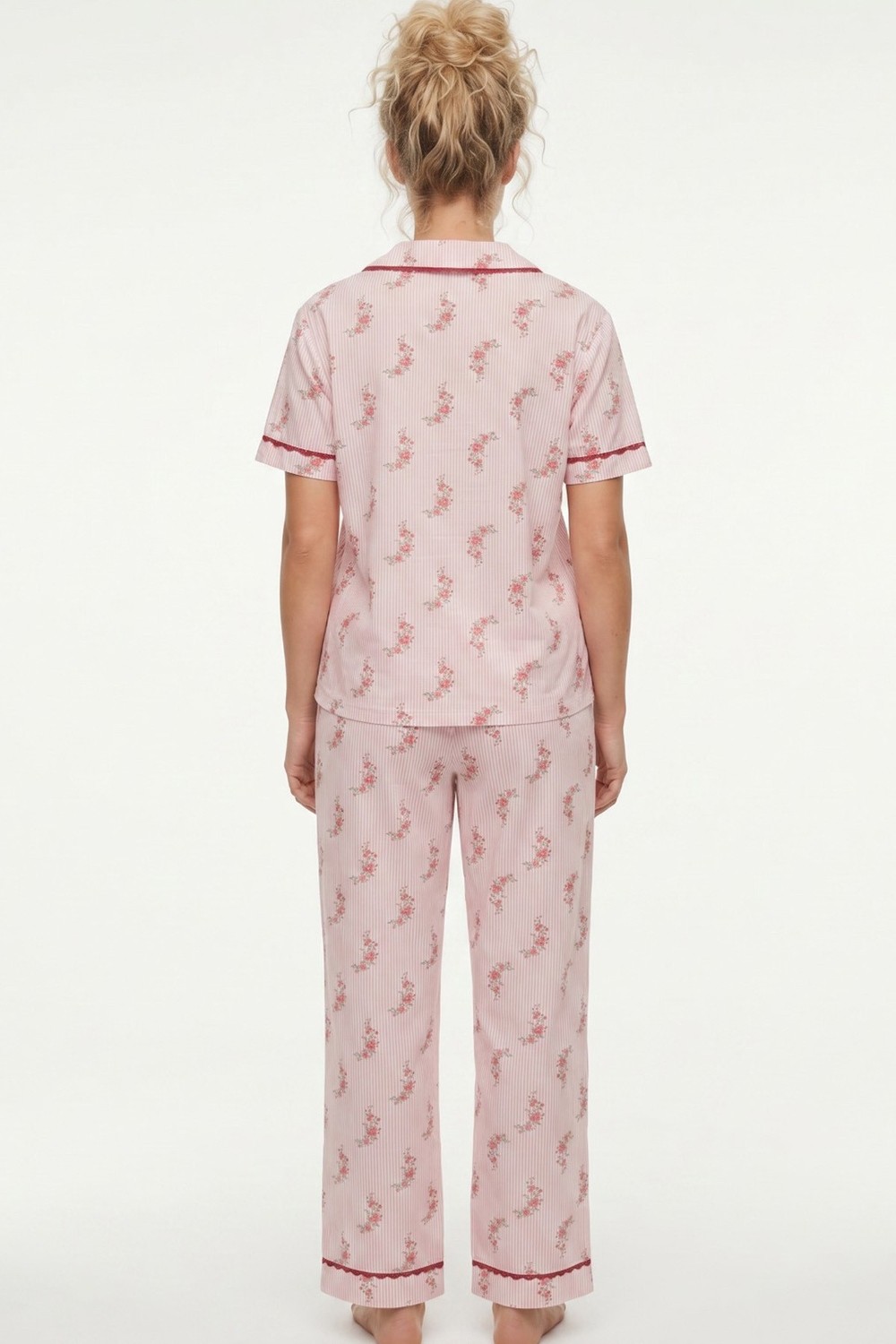 Siyah İnci Yeşil Çiçek Desenli Ince Soft Örme Düğmeli Dantel Biyeli Pijama Takımı 8061 görsel 3