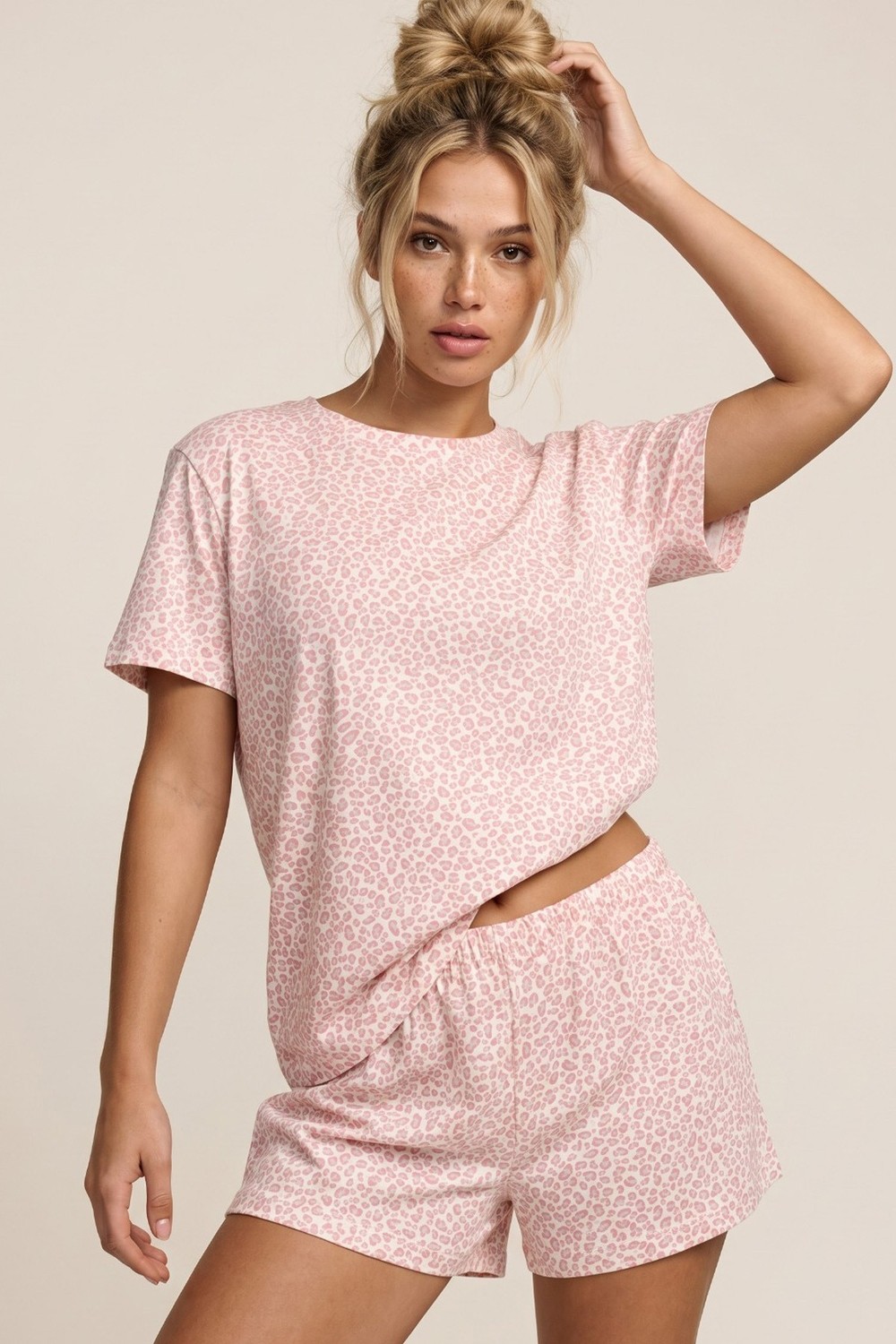 Siyah İnci Yeşil Leopar Desenli Bisiklet Yaka Örme Şortlu Pijama Takım 8056 görsel 6