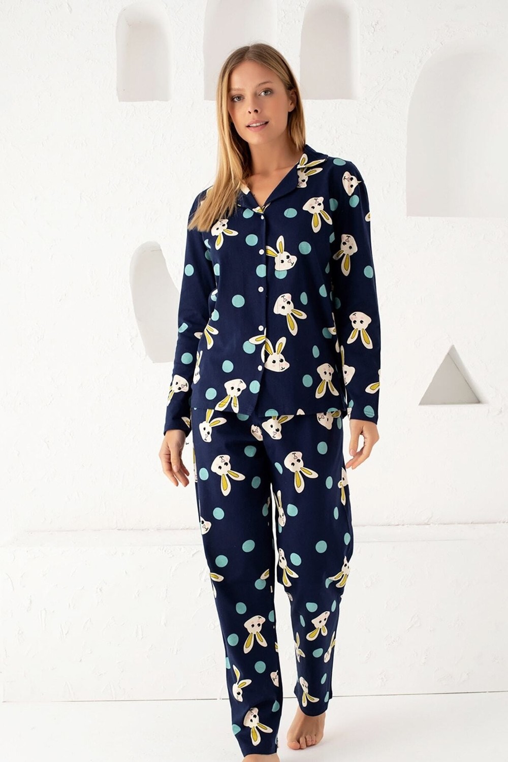 Siyah İnci Lacivert Pamuklu Düğmeli Pijama Takım Kadın için %95 Pamuklu Modern Tasarım görsel 3
