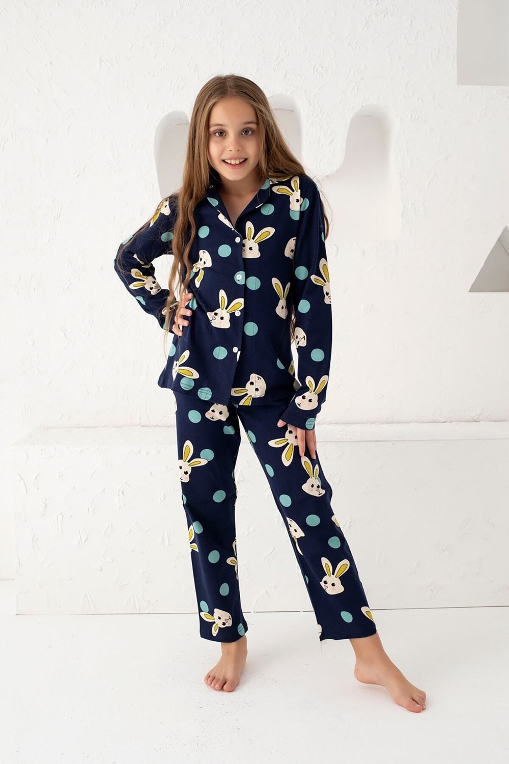 Siyah İnci Lacivert Pamuklu Düğmeli Pijama Takım Kadın için %95 Pamuklu Modern Tasarım görsel 4