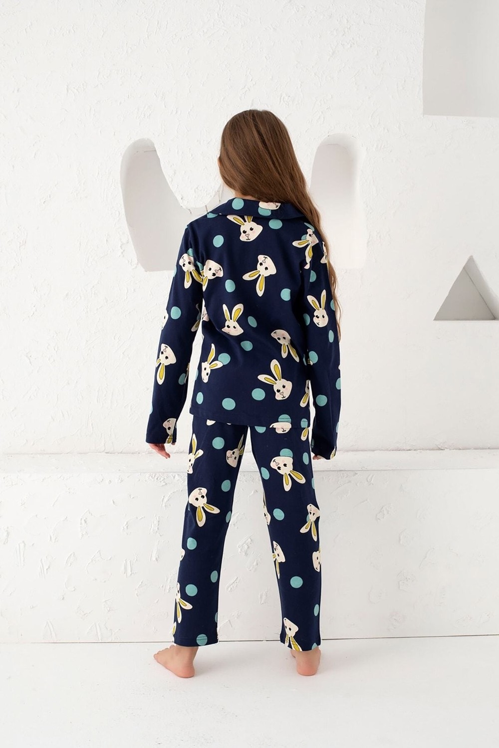 Siyah İnci Lacivert Pamuklu Düğmeli Pijama Takım Kadın için %95 Pamuklu Modern Tasarım görsel 5