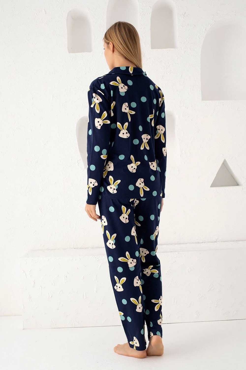 Siyah İnci Lacivert Pamuklu Düğmeli Pijama Takım Kadın için %95 Pamuklu Modern Tasarım görsel 6