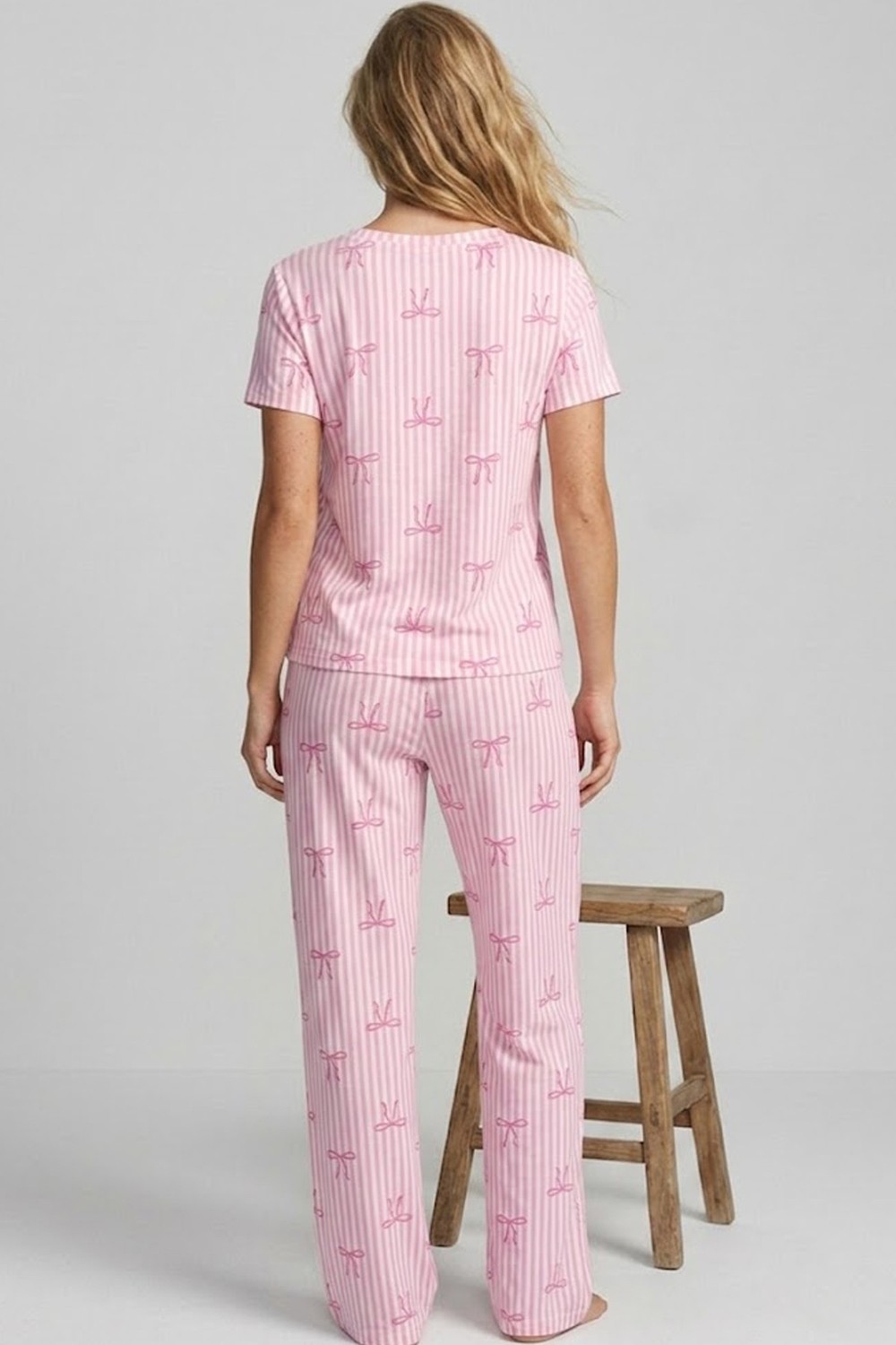 Siyah İnci Pembe Beyaz Çizgi Desenli Ince Soft Örme Mevsimlik Pijama Takımı 8003 görsel 7