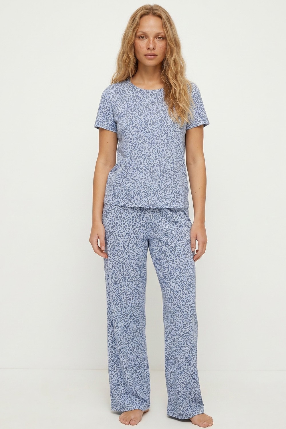 Siyah İnci Beyaz Somon Leopar Baskılı Örme Pijama Takım 7996 görsel 2