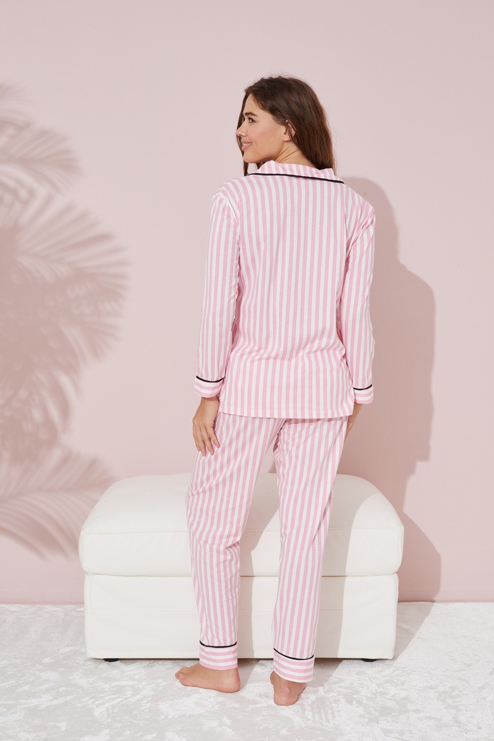 Siyah İnci Pembe Beyaz Çizgili Düğmeli Biyeli Örme Pijama Takım görsel 4